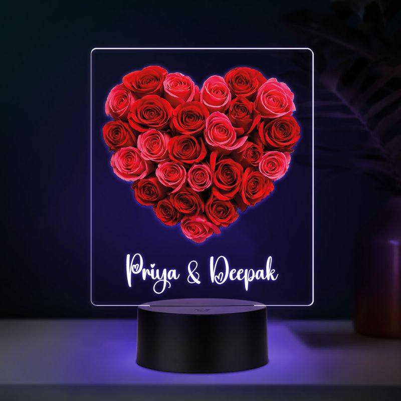 Personalized Name LED Night Light, Rose Heart Design Color Changing Light with Black Base Gift for Valentines Day & Rose Day Gift for Couples